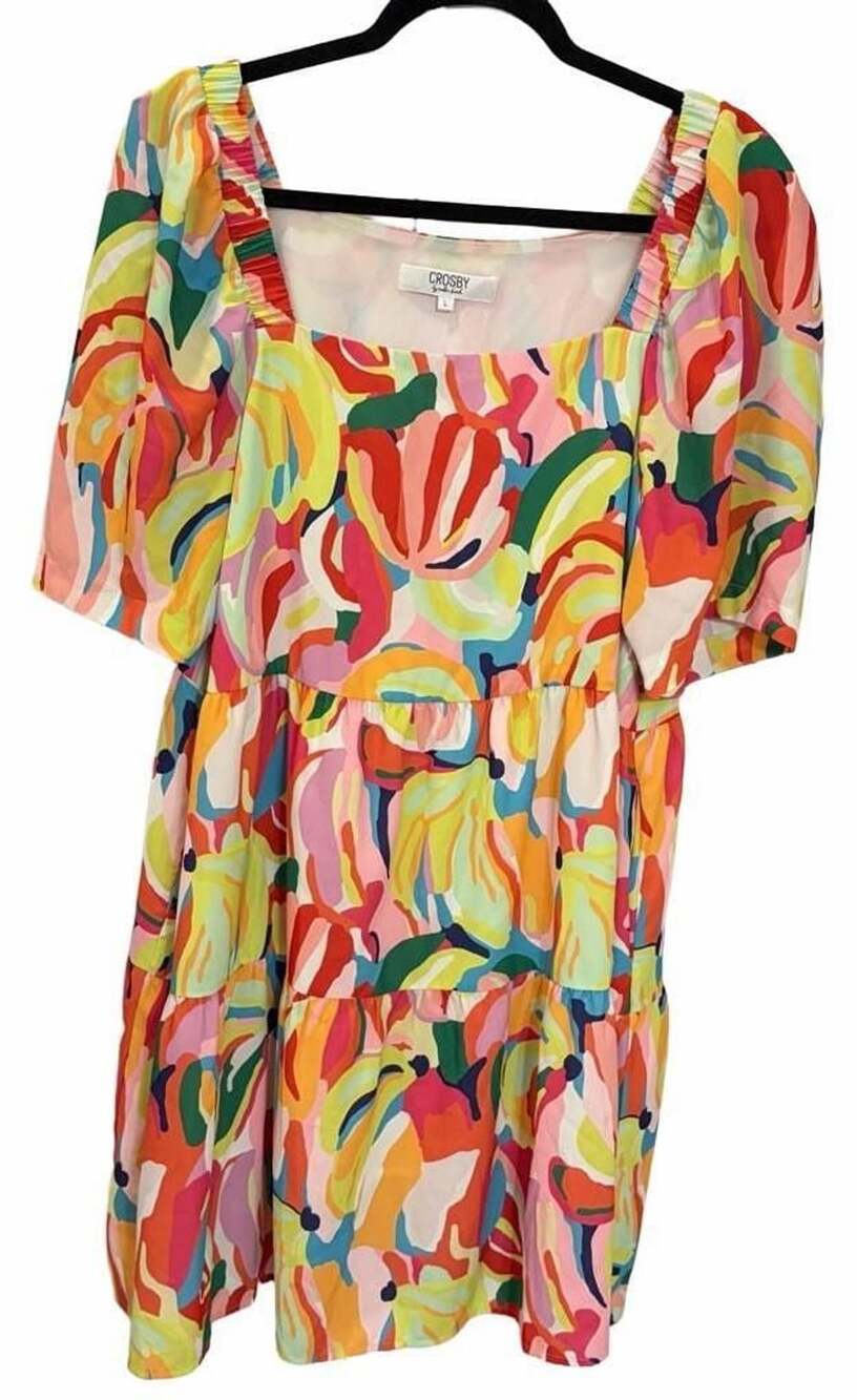CROSBY by Mollie Burch Colorful Floral Tiered Dress LRG Puff Sleeve Resort Boho